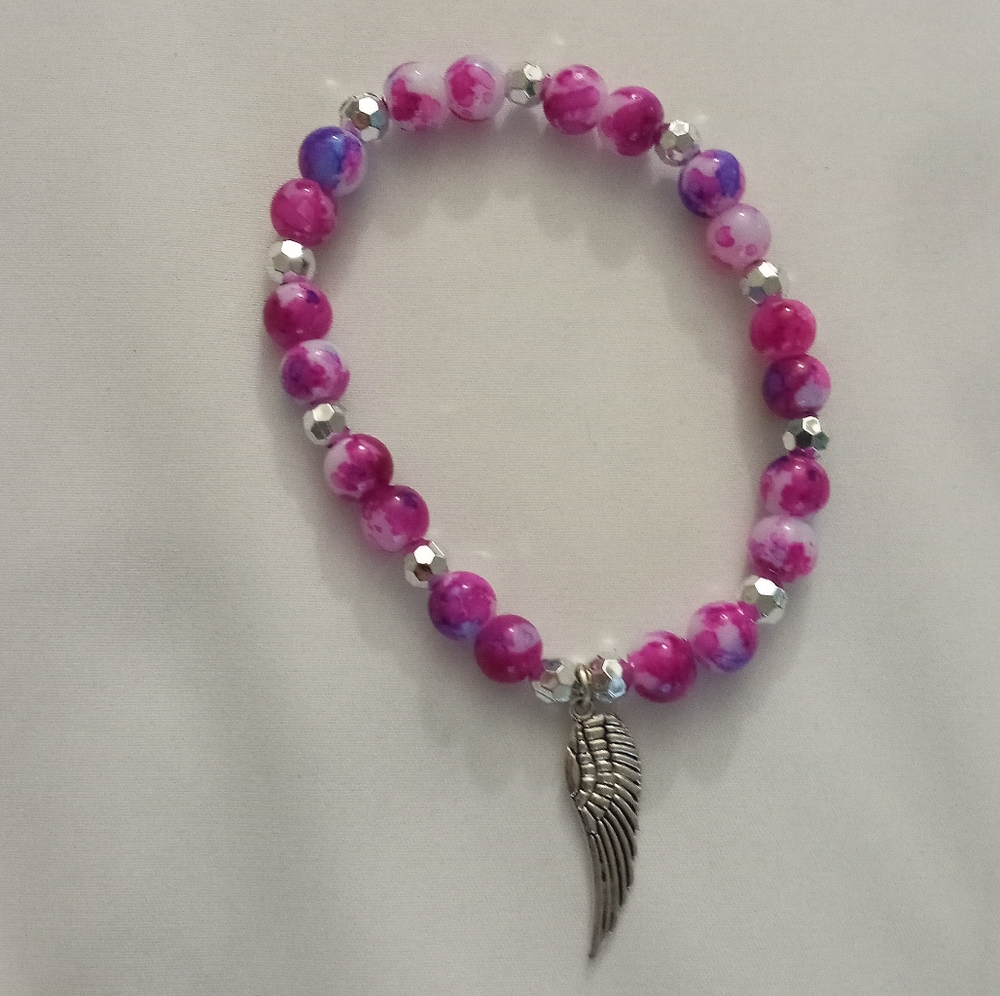 Hand Crafted angel wing beaded statement bracelet pink and silver